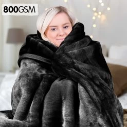 800GSM Heavy Double-Sided Faux Mink Blanket – Black