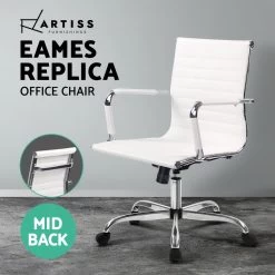 Eames Replica Office Chair Executive Mid Back Seating PU Leather White -Furniture Shop ochair h 8147 wh 03