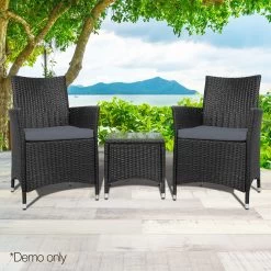 Gardeon 3 Piece Wicker Outdoor Furniture Set – Black -Furniture Shop odf bistro rattan bk 07
