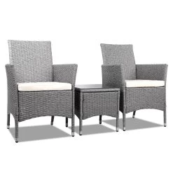 3 Piece Wicker Outdoor Chair Side Table Furniture Set – Grey